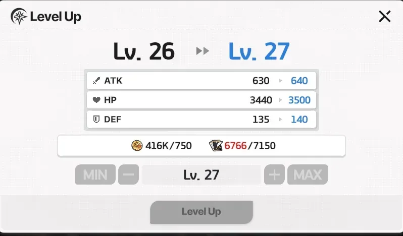 Level-up screen: ATK, HP, and DEF increase per level, with gold and manual-style materials as costs