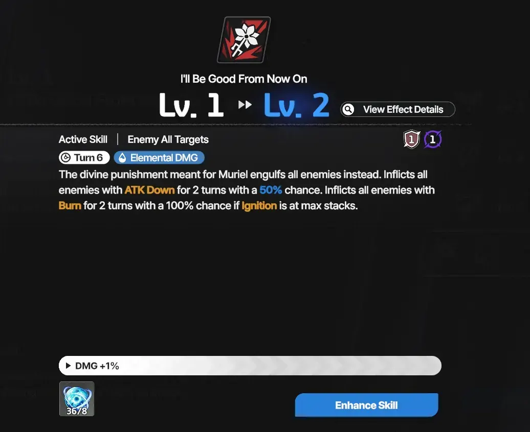 Skill enhancement: level-up preview, damage or effect gains, material cost, and enhance action
