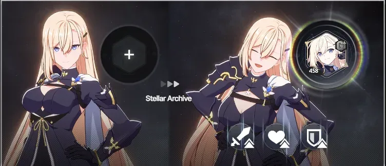 Stellar Archive: sigil upgrade flow—fill the slot to advance; ATK, HP, and DEF bonuses apply after the upgrade