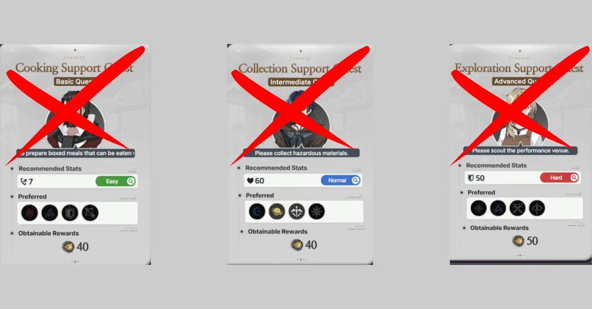 Journey quest cards: Easy, Normal, and Hard examples with low Ancient Coin rewards — avoid when coins are below the guide threshold