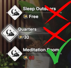 Rest options: Sleep Outdoors (free), Quarters, and Meditation Room for different energy and mood recovery needs